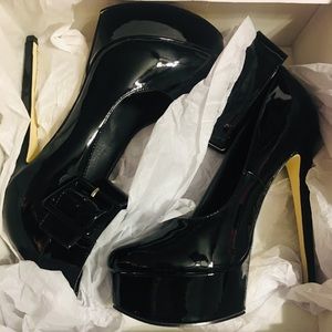 Shiny Black Stilettos with Thick Ankle Strap